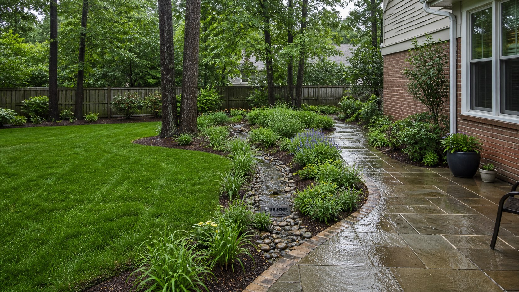 Finished Hampton Roads yard with an integrated drainage swale and rain-garden planting