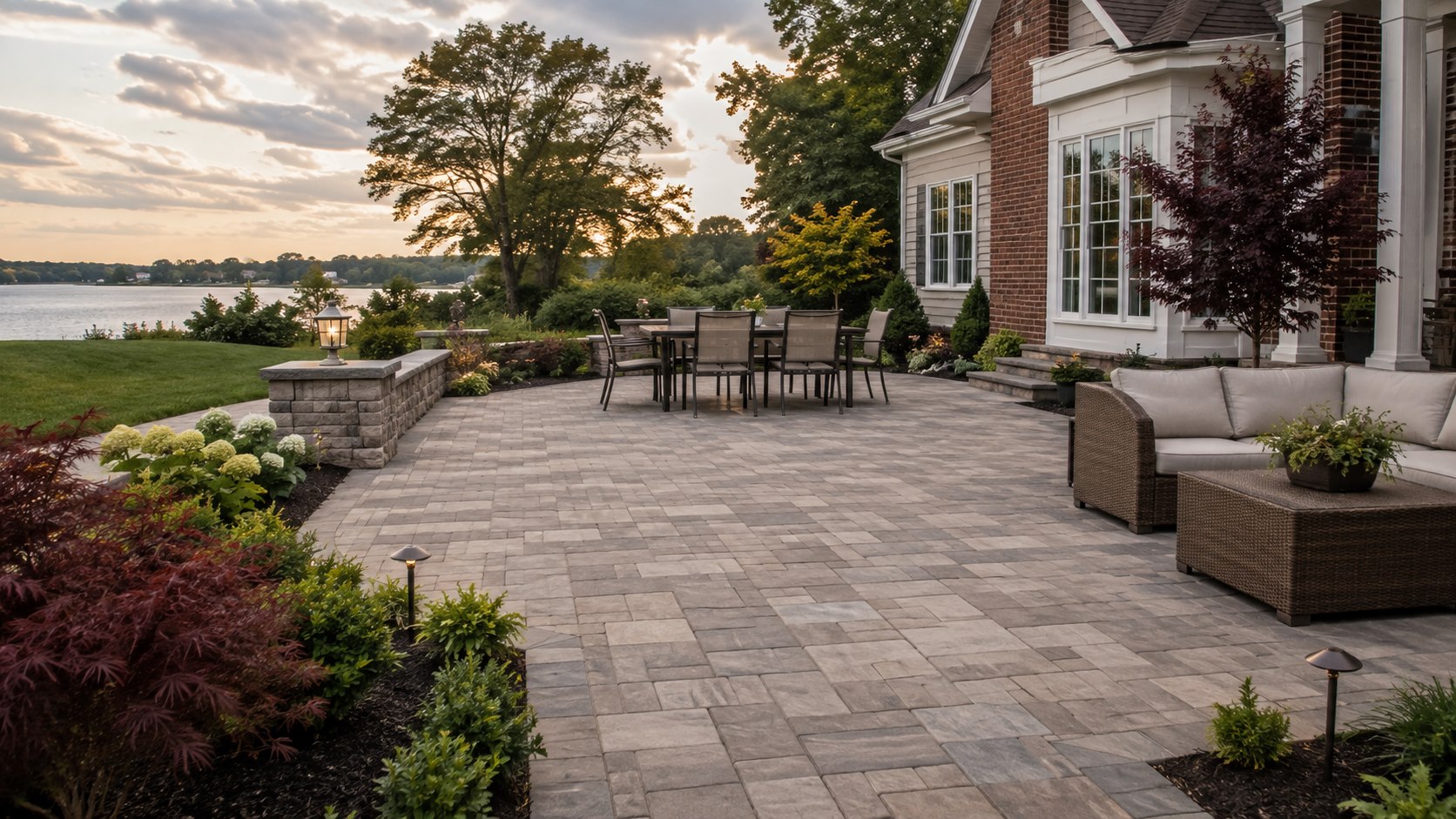 Large paver patio with garden walls and layered planting at a coastal Virginia home